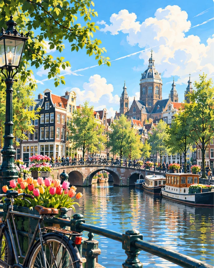 Zonnig Amsterdam met grachten, tulpen, fietsen en historische gebouwen
